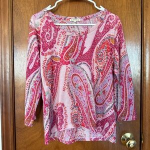 Pashma Silk Cashmere Pink Paisley Long Sleeve Scoop Neck Top